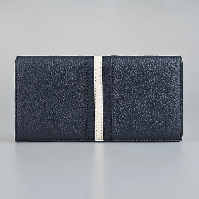 【BALLY】BALLY Ribbon字母燙印LOGO藍白藍條紋小牛皮8卡對折長夾(深藍)