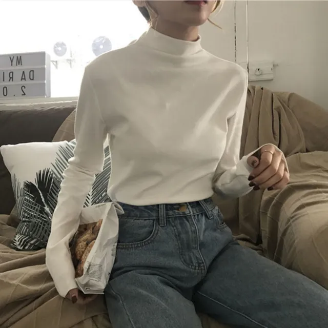【D.studio】韓版修身顯瘦半高領打底長袖上衣(女裝 衣服 寬鬆上衣 顯瘦上衣 長袖t恤 冬裝 發熱衣 W321)