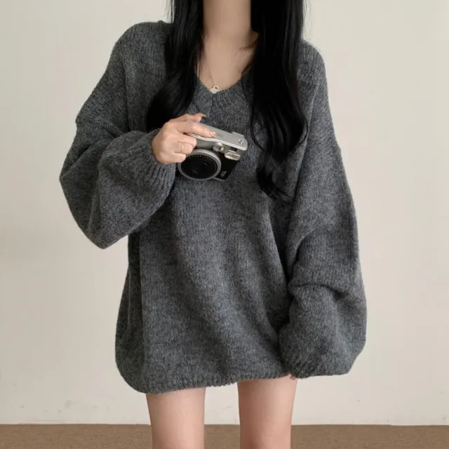 【D.studio】韓版V領顯瘦長版毛衣(針織上衣長袖上衣女裝衣服長袖t恤 保暖上衣冬天女裝秋冬女裝 W514)
