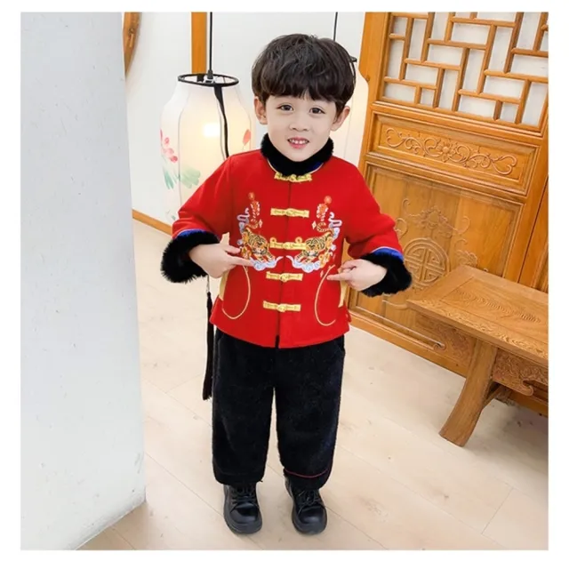 【橘魔法】雙老虎刺繡棉襖+九分褲(套裝 長袖上衣 褲子 拜年服 大紅 過年 新年 唐裝 中國風 保暖 男童)