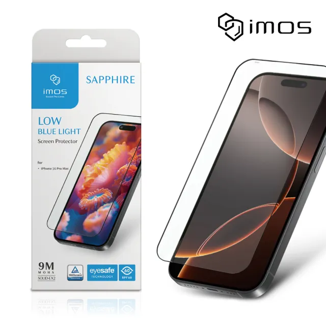【iMos】iPhone 16 Pro Max 6.9吋 9M滿版黑邊RPF60低藍光螢幕保護貼(人造藍寶石)
