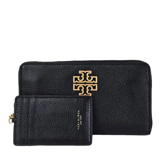 【TORY BURCH】Britten復古金框簍空LOGO荔枝紋小牛皮8卡拉鏈長夾附鍊帶卡夾(黑色/贈原廠紙袋)
