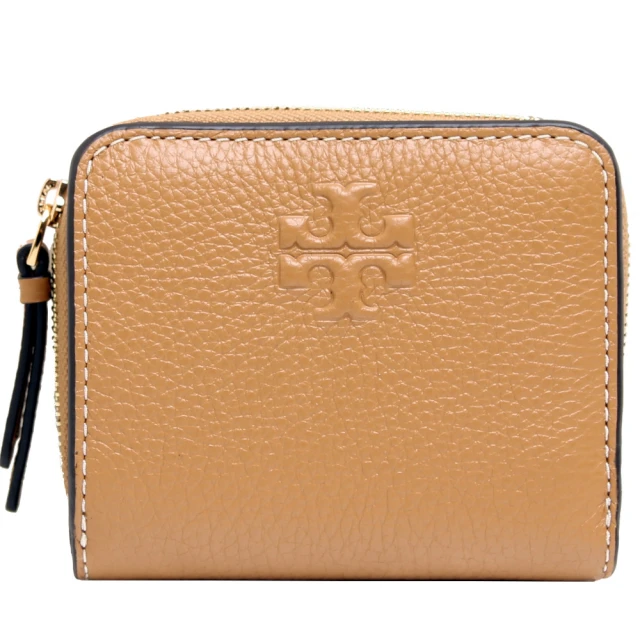 TORY BURCH THEA 浮雕LOGO外縫線荔枝紋皮革釦式短夾(氣質棕)