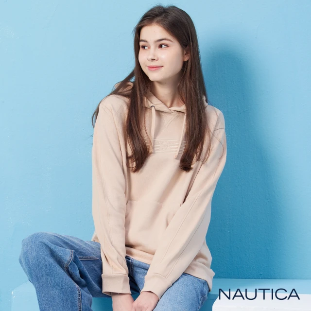 NAUTICA 女裝 簡約品牌刺繡長袖帽T(米色)