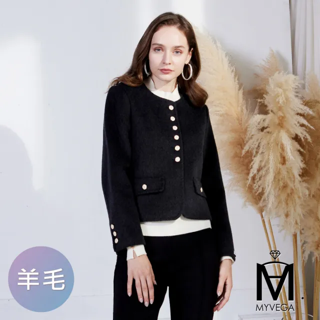 【MYVEGA 麥雪爾】出清品 MA羊毛無領小香風金釦短版大衣外套-鐵灰