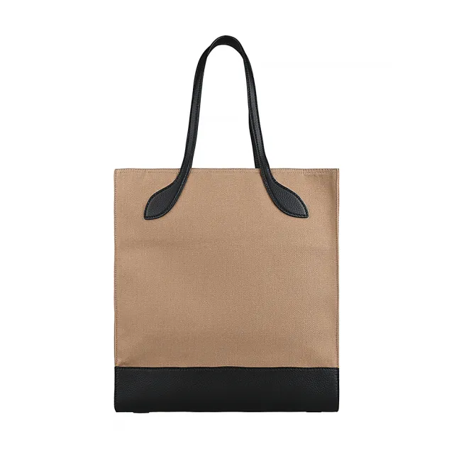 【BALLY】BALLY Bar經典黑字LOGO設計帆布拼接牛皮手提托特包(沙x黑)