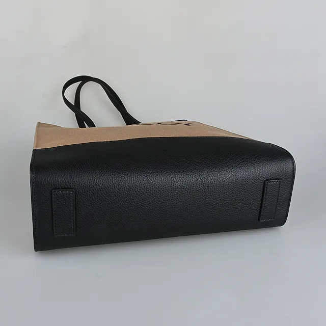 【BALLY】BALLY Bar經典黑字LOGO設計帆布拼接牛皮手提托特包(沙x黑)