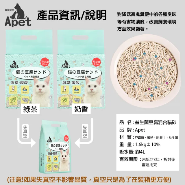 【Apet 愛佩寵物】益生菌混合豆腐貓砂-12包組(1.6kg/包 豆腐砂/植物/環保)