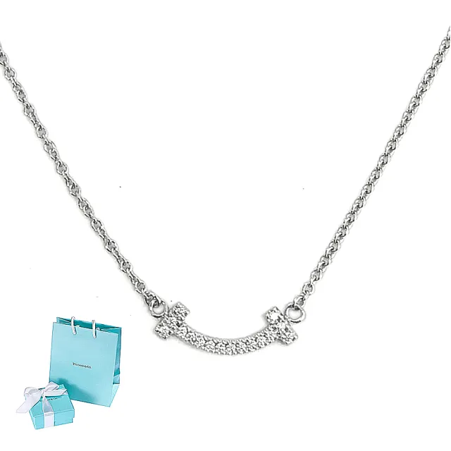 【Tiffany&Co. 蒂芙尼】18K白金-鑲16顆迷你鑽石 T Smile微笑墜飾項鍊(展示品)