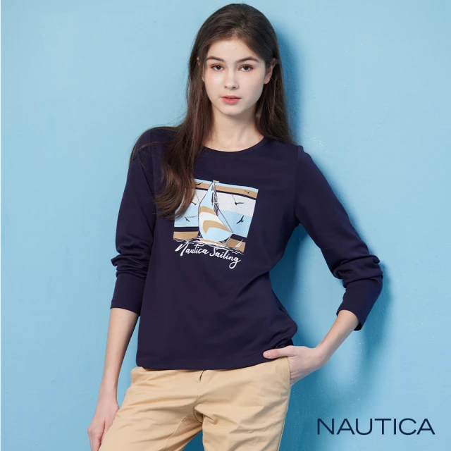 NAUTICA 官方旗艦 女裝 休閒時尚帆船長袖T恤(藍色)