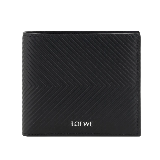 LOEWE 羅威 Bifold 小牛皮 壓紋 燙銀標誌 雙摺 皮夾 卡夾 短夾 黑色 C779302X02