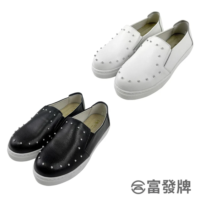 FUFA Shoes 富發牌 個性鉚點懶人鞋-白/黑 1DH016(女鞋/休閒鞋/懶人休閒鞋/真皮鞋/懶人鞋)