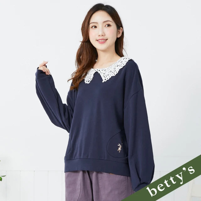 betty’s 貝蒂思 蕾絲翻領內刷毛兔子氣球刺繡T-shirt(深藍)