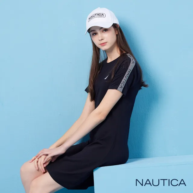 【NAUTICA】官方旗艦 女裝 品牌LOGO織帶短袖連身裙(黑色)