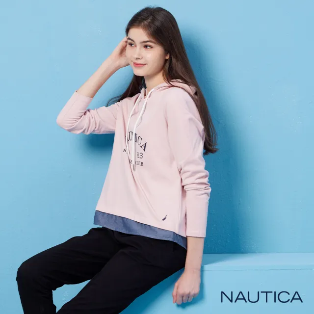 【NAUTICA】官方旗艦 女裝 帆船印花假兩件長袖帽T(粉色)
