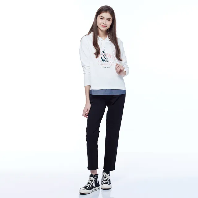 【NAUTICA】官方旗艦 女裝 帆船印花假兩件長袖帽T(白色)