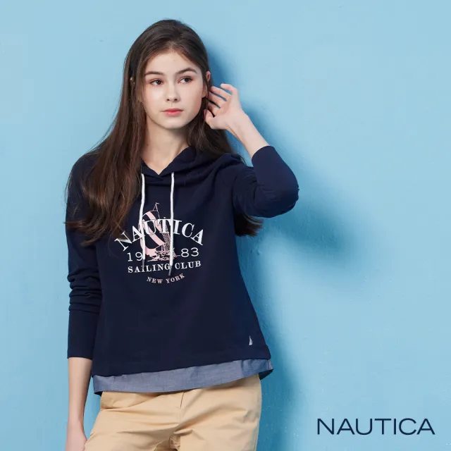 【NAUTICA】官方旗艦 女裝 帆船印花假兩件長袖帽T(藍色)