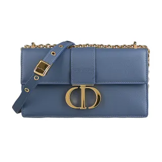 【Dior 迪奧】Christian Dior 30 Montaigne金屬立體CD字LOGO設計小牛皮壓釦翻蓋斜背包(迷霧靛藍)