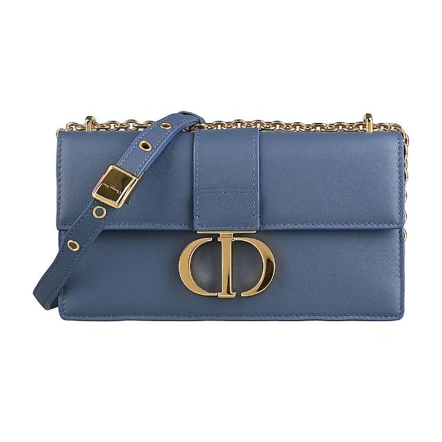 【Dior 迪奧】Christian Dior 30 Montaigne金屬立體CD字LOGO設計小牛皮壓釦翻蓋斜背包(迷霧靛藍)