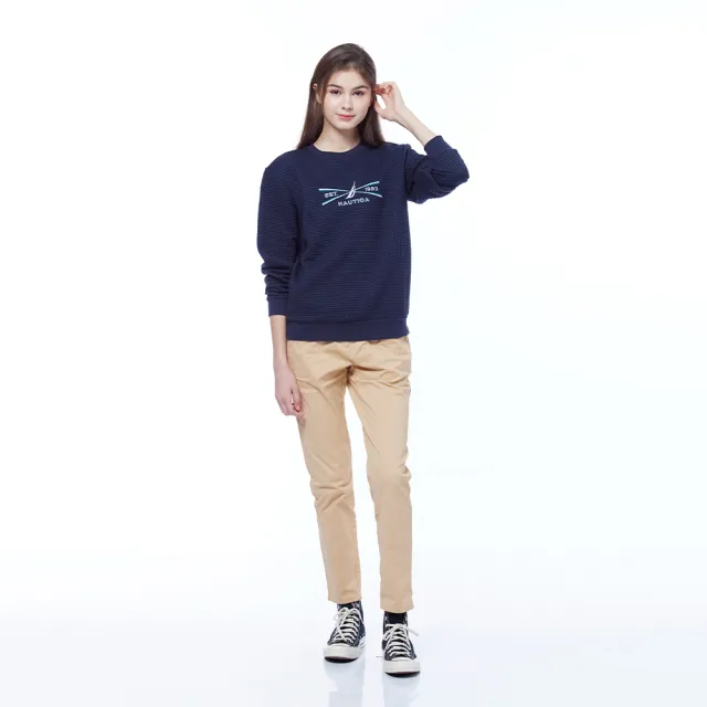 【NAUTICA】官方旗艦 女裝 時尚格紋布料長袖大學T(藍色)
