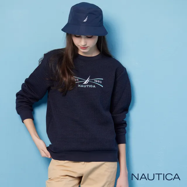 【NAUTICA】官方旗艦 女裝 時尚格紋布料長袖大學T(藍色)