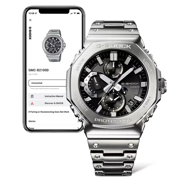 【CASIO 卡西歐】G-SHOCK 太陽能藍芽 全金屬八角形三眼計時錶-黑(GMC-B2100D-1A)