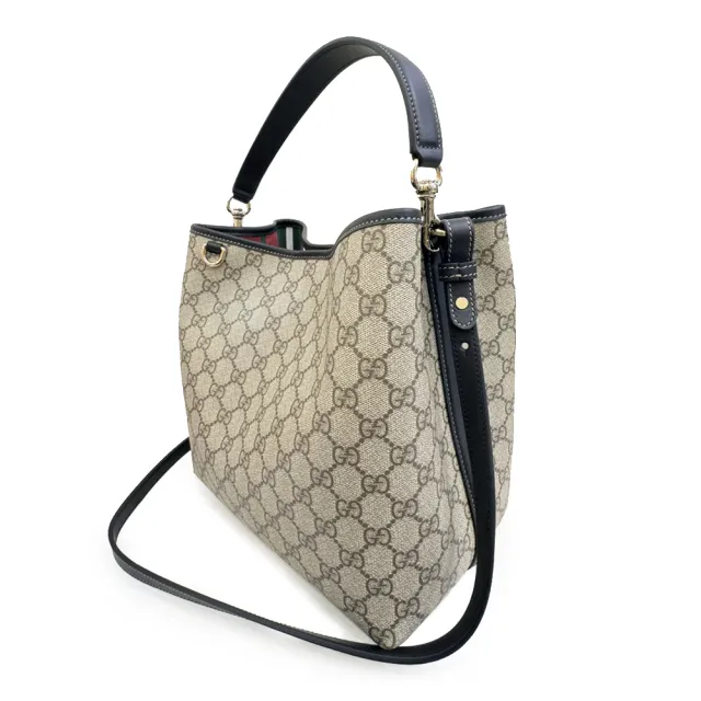 【GUCCI 古馳】815103 經典GG Emblem系列手提斜背兩用水桶包(藍黑色)『entrupy安心購』