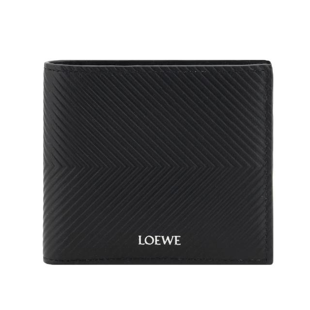 【LOEWE 羅威】Bifold 小牛皮 壓紋 燙銀標誌 雙摺 皮夾 卡夾 短夾 黑色 C779302X02