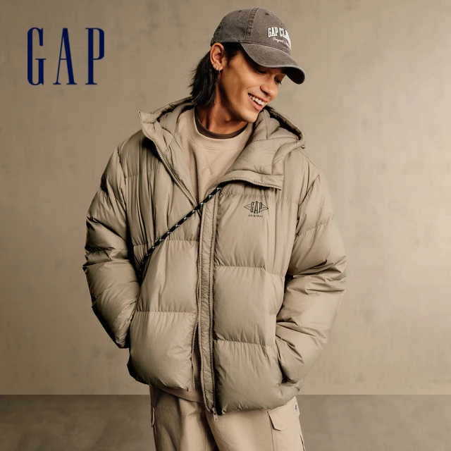 GAP 男裝 Logo印花連帽羽絨外套-卡其色(680494)