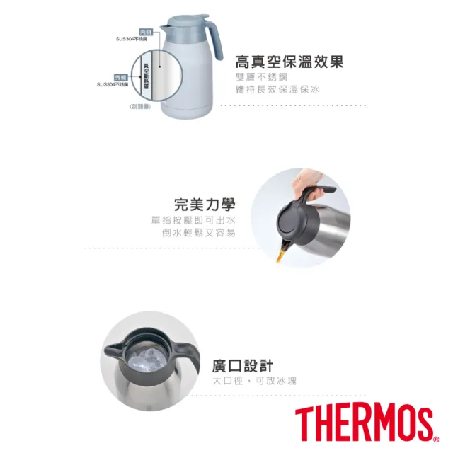 【THERMOS 膳魔師】期間限定_不鏽鋼淺墨藍按壓式保溫壺1500ml+旋蓋保溫杯400ml(THS-1501+JCG-400)(保溫瓶)