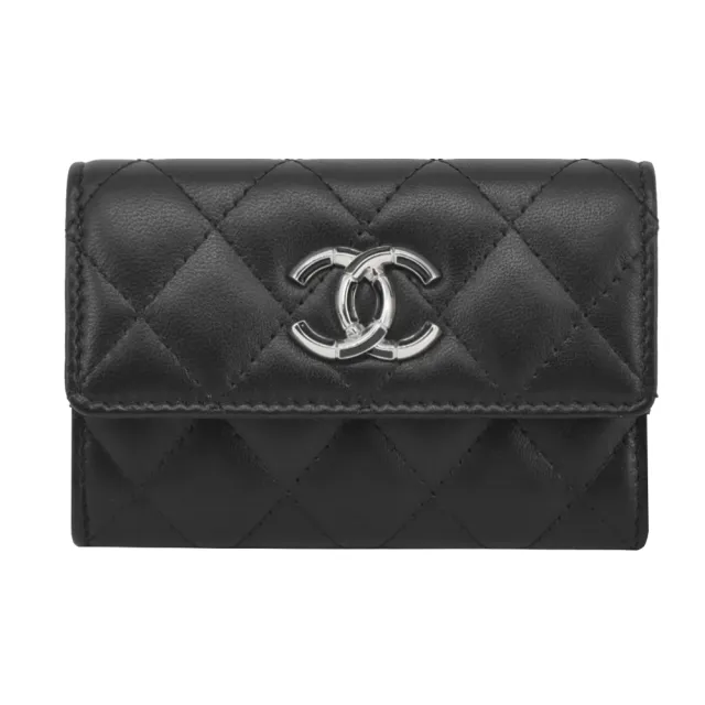 【CHANEL 香奈兒】經典雙C 琺瑯LOGO菱格紋小羊皮卡片夾(黑色)