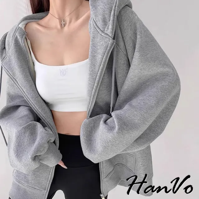 【HanVo】現貨 素色大口袋連帽加絨外套(休閒百搭拉鍊開衫保暖外套 韓系女裝 女生衣著 A07-4545)