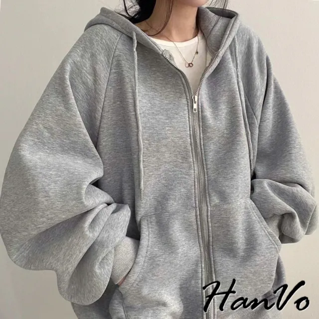【HanVo】現貨 素色大口袋連帽加絨外套(休閒百搭拉鍊開衫保暖外套 韓系女裝 女生衣著 A07-4545)
