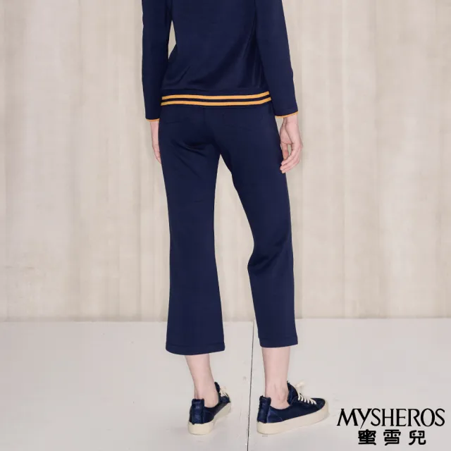 【MYSHEROS 蜜雪兒】休閒九分長褲 鬆緊腰頭 純色彈性(藍)