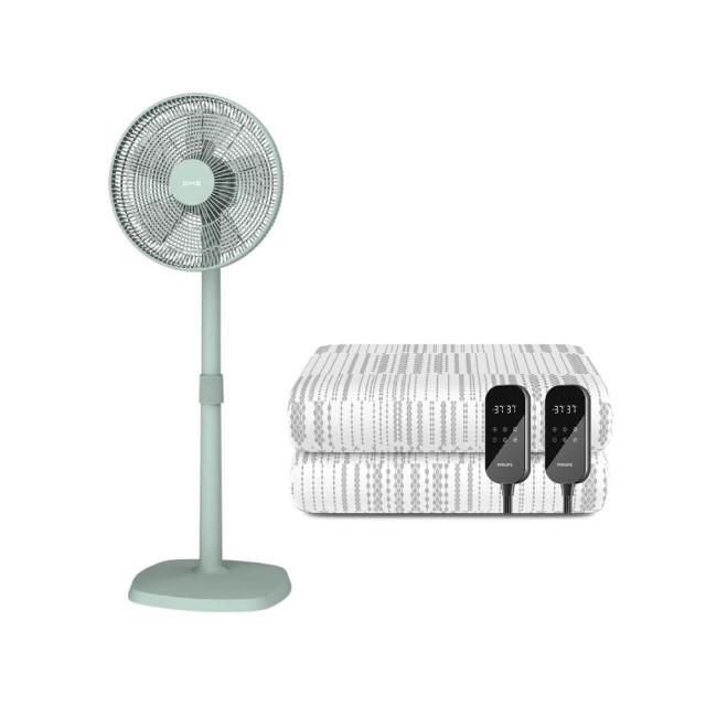 【Philips 飛利浦】14吋DC扇超值組-雙人雙控恆溫定時電熱毯+14吋DC擺頭扇(AHR3142ED+HLE100)
