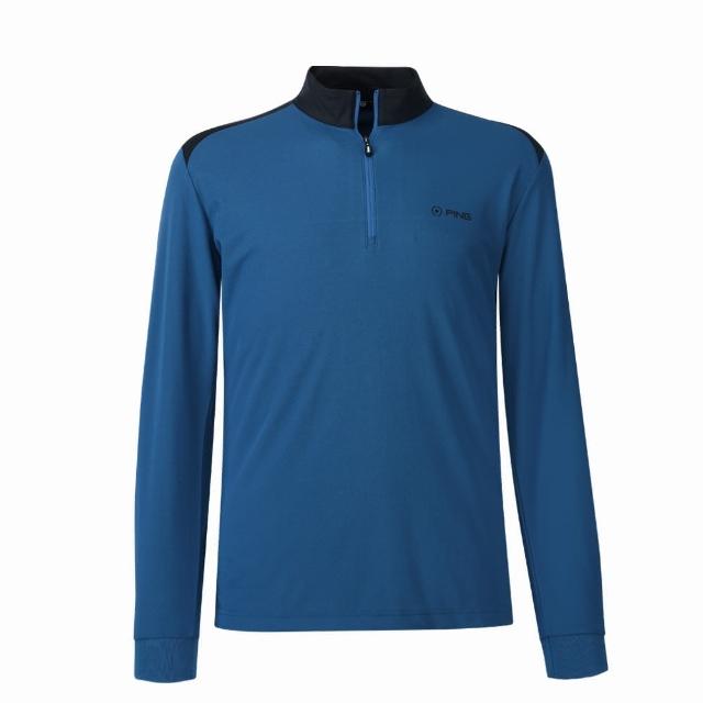 【PING】男款配色剪接抗UV立領薄長袖上衣-藍(吸濕排汗/GOLF/高爾夫球衫/PA24221-56)