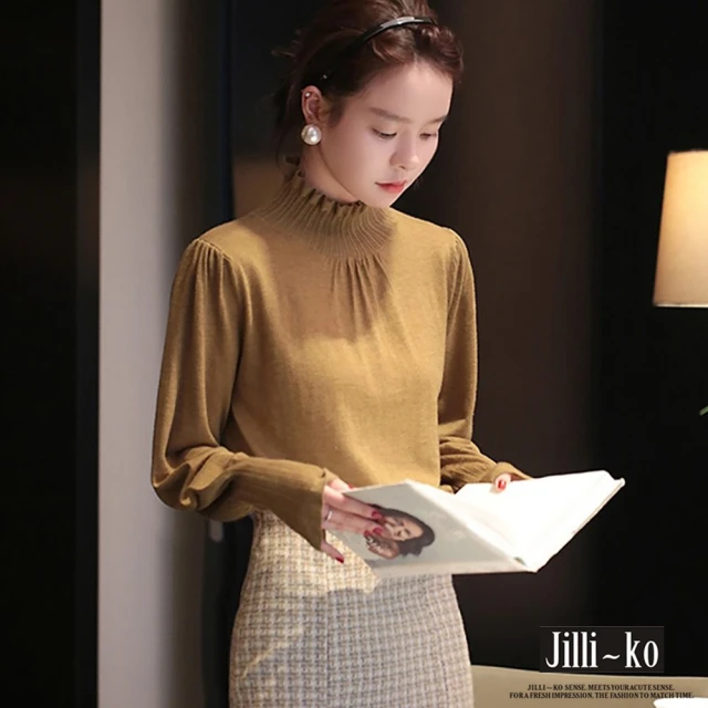 JILLI-KO 高級感毛衣女秋冬木耳邊半高領打底衫內搭-F(黑/卡)