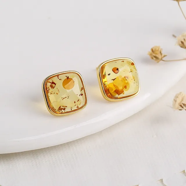 【勝弘珠寶】波羅的海花珀方形耳環-10*10mm