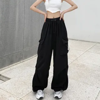 【amica】美式工裝休閒褲 女褲 女長褲 休閒長褲 美式穿搭 高腰直筒褲 抽繩工裝褲拖地褲(運動休閒褲)