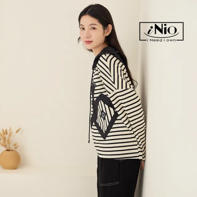 【iNio 衣著美學】連帽上衣 現貨 橫紋拼接 抽繩 長袖帽T CDW1721