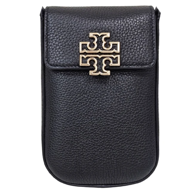 TORY BURCH 雙T金字LOGO荔枝紋斜背手機包(黑色/贈原廠防塵袋紙袋)