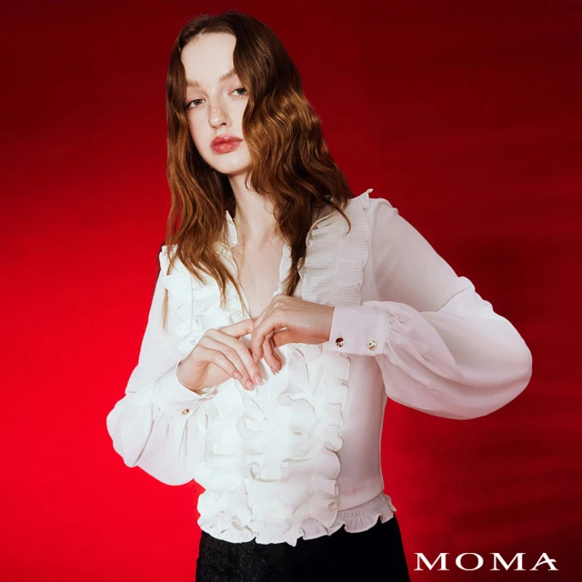 MOMA 荷葉波浪V領上衣(杏色)