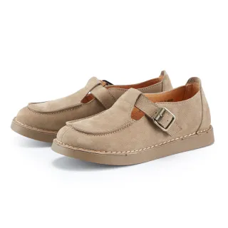 【MAGY】復古車線T字真皮休閒鞋(可可)