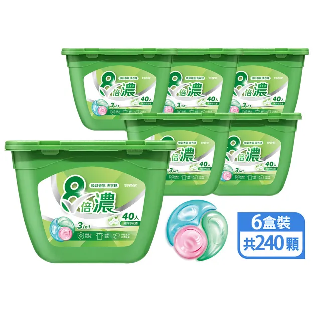 【妙管家】三合一8倍濃洗衣球-風鈴草-40顆x6盒 共240顆(抗菌/護色/除臭)