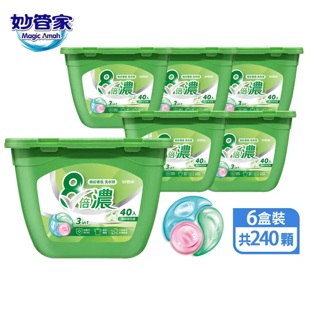 【妙管家】三合一8倍濃洗衣球-風鈴草-40顆x6盒 共240顆(抗菌/護色/除臭)