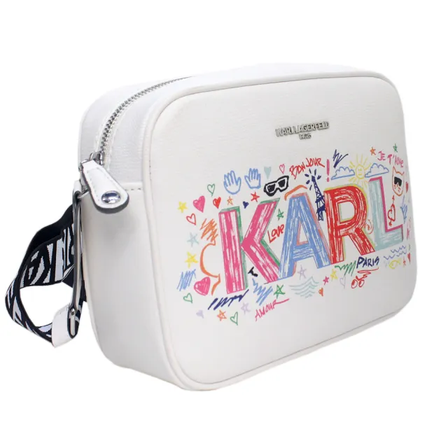 【KARL LAGERFELD 卡爾】KARL字母彩繪塗鴉防刮皮革相機斜背包(白)