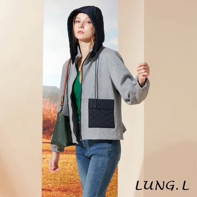 【LUNG.L 林佳樺】LQ74C灰色拼接藍色連帽女裝外套(秋冬新品 保暖)