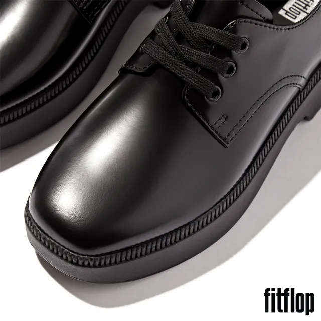 【FitFlop】F-LUMA 繫帶皮革方頭厚底德比鞋-女(黑色)