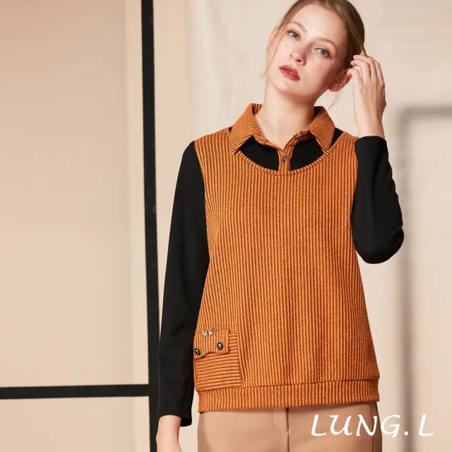 【LUNG.L 林佳樺】LR22A橘色搭配黑色假二件式長袖女裝上衣(秋冬新品)