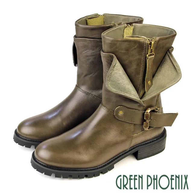 【GREEN PHOENIX 波兒德】女 短靴 工程靴 機車靴 騎士靴 厚底 牛皮 全真皮 拉鍊 大翻領(深綠、黑色)